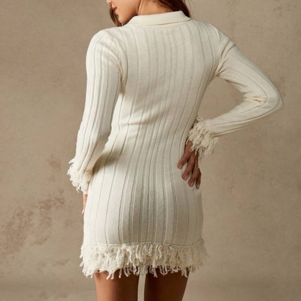MISSGUIDED Ribbed Knit Mini Dress With Fringe Winter Long Sleeve Turtleneck - Picture 2 of 7